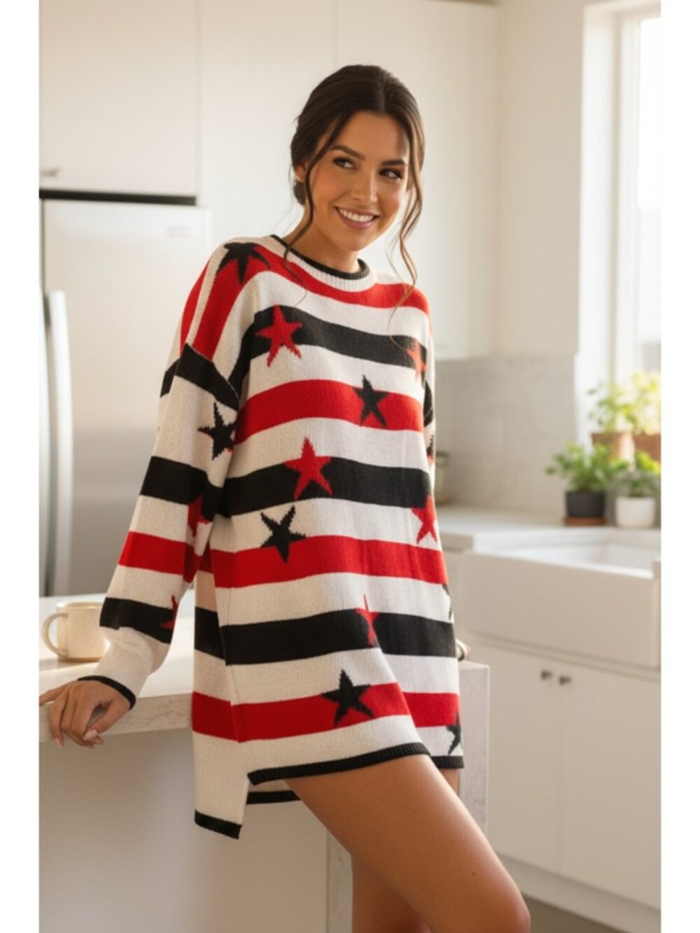 Oversized Stars and Stripes High-Low Long Sleeve Knit American Pullover Sweater